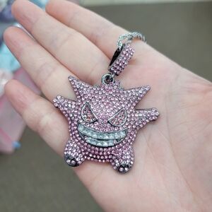 Brand New Pink Gengar Stainless Steel Rhinestone Necklace